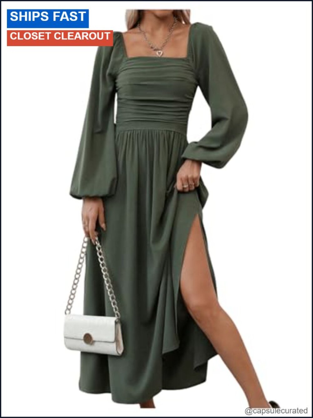 Floerns Women's Square Neck Lantern Long Sleeve Ruched Bodycon Midi Dress
